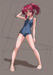  1girl aino_megumi brown_background happinesscharge_precure! looking_at_viewer one-piece_swimsuit open_mouth ponytail precure red_eyes redhead rohitsuka short_hair sketch solo standing swimsuit 
