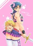  2boys anger_vein blonde_hair blue_hair cheerleader cosplay dio_brando fangs jojo_no_kimyou_na_bouken jonathan_joestar juliet_starling juliet_starling_(cosplay) lollipop_chainsaw multiple_boys nightcat parody short_twintails sword thigh-highs twintails weapon zettai_ryouiki 