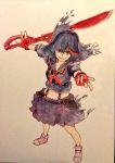  1girl black_hair blue_eyes fingerless_gloves gloves kill_la_kill kirin_(kirinex) marker_(medium) matoi_ryuuko outstretched_hand photo school_uniform scissor_blade senketsu serafuku short_hair skirt smile suspenders torn_clothes traditional_media 