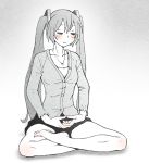  1girl bare_legs barefoot casual closed_eyes collarbone dhyana_mudra hatsune_miku indian_style jewelry long_hair meditation monochrome mudra necklace short_shorts shorts sitting solo spot_color twintails very_long_hair vocaloid wokada 