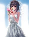  1girl blue_eyes bouquet brown_hair dress flower kaga_(kantai_collection) kantai_collection looking_at_viewer personification rough short_hair side_ponytail smile solo takane_soprano veil wedding_dress 