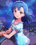  1girl blue_hair blush city_lights idolmaster idolmaster_million_live! lens_flare looking_at_viewer musical_note nanao_yuriko night night_sky official_art sky smile star star_(sky) starry_sky tagme yellow_eyes 