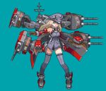  1girl aqua_background bismarck_(kantai_collection) blonde_hair blue_eyes cannon e79 grey_legwear hat kantai_collection long_hair lowres military military_hat military_uniform open_mouth personification pixel_art solo thigh-highs turret uniform weapon 