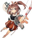  1girl blush bow_(weapon) brown_eyes brown_hair hachimaki hair_ribbon headband ika japanese_clothes kantai_collection light_brown_hair looking_at_viewer muneate personification ponytail ribbon sandals smile solo weapon zuihou_(kantai_collection) 
