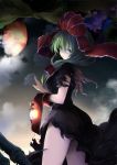  1girl black_dress bow carrying clouds dress front-tie_top green_eyes green_hair hair_bow kagiyama_hina lantern lefthand looking_at_viewer night puffy_sleeves short_sleeves sky solo torn_clothes torn_dress torn_sleeves touhou upskirt wrist_ribbon 