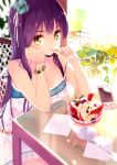  1girl bracelet breasts cellphone chin_rest cleavage dress fingernails food hair_ornament ice_cream jewelry long_hair original phone purple_hair rozer sitting smartphone solo spoon_in_mouth strap_slip sundae white_dress yellow_eyes 