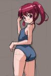  1girl aino_megumi blush brown_background happinesscharge_precure! looking_at_viewer one-piece_swimsuit ponytail precure red_eyes redhead rohitsuka short_hair sketch smile solo swimsuit 