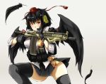  1girl assault_rifle ayyh black_gloves black_hair black_legwear expressionless feathers gloves gun hat headset leaf_print military miniskirt red_eyes rifle shameimaru_aya short_hair skirt solo thigh-highs tokin_hat touhou vest weapon wings 