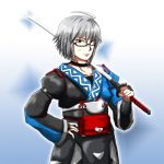  1boy ahoge arm_belt bag bridal_gauntlets choker glasses glint gradient gradient_background hand_on_hip hato_(grazie_a_domani_7) japanese_clothes long_sleeves looking_at_viewer morichika_rinnosuke parted_lips red_eyes satchel semi-rimless_glasses short_hair silver_hair solo sword touhou under-rim_glasses weapon 