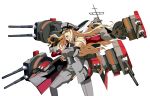  1girl anchor bismarck_(kantai_collection) blonde_hair blue_eyes cross gloves hat idol kantai_collection long_hair macross macross_frontier military military_hat military_uniform nihyaku_kairi open_mouth parody solo style_parody tagme turret uniform weapon white_background 