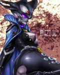  1girl belt breasts cape duplicate female gauntlets huujyu kamen_rider kamen_rider_ooo_(series) leather mezul monster monster_girl orca purple_eyes red_eyes solo 