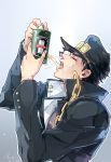  1boy alcohol beer black_hair chain drinking gakuran hat highres jojo_no_kimyou_na_bouken kuujou_joutarou linjie school_uniform solo 