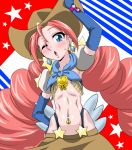  1girl arm_up blue_eyes blush bomber_girls_precure brown_skirt cowboy_hat earrings freckles fringe gloves happinesscharge_precure! hat jewelry long_hair magical_girl navel_piercing piercing precure redhead short_puffy_sleeves skirt solo sorano-umi sweat western wink 