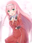  1girl :d arms_behind_back bangs bending_forward blurry blush breasts darling_in_the_franxx day depth_of_field dress eyebrows_visible_through_hair green_eyes hair_between_eyes hairband highres horns kazane_mari long_hair long_sleeves looking_at_viewer necktie open_mouth outdoors pink_hair red_dress small_breasts smile solo tree uniform upper_body upper_teeth very_long_hair wind yellow_neckwear zero_two_(darling_in_the_franxx) 