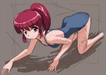  1girl aino_megumi all_fours brown_background happinesscharge_precure! looking_at_viewer one-piece_swimsuit ponytail precure red_eyes redhead rohitsuka short_hair sketch solo swimsuit 