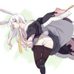  1girl animal_ears ass bent_over black_legwear bunny_tail fang from_behind leg_up long_hair looking_back multicolored_hair open_mouth orange_eyes panties pleated_skirt poco_(asahi_age) rabbit_ears scarf skirt sleeves_past_wrists solo tail thighhighs two-tone_hair underwear upskirt white_hair white_panties 