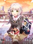  1girl :o bag bandages black_legwear blush cake cityscape clouds coat food gilse green_eyes hair_ornament hairclip holding open_mouth original power_lines scarf school_bag short_hair silver_hair skirt sky snow snowing solo sunset thigh-highs water zettai_ryouiki 