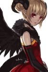  1girl black_wings blonde_hair choker dress elbow_gloves fang gloves highres horns looking_at_viewer open_mouth original pointy_ears red_eyes short_hair signature simple_background solo swd3e2 wings 