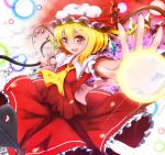  1girl ascot blonde_hair danmaku fang flandre_scarlet foreshortening gradient gradient_background hat hat_ribbon laevatein looking_at_viewer mob_cap open_mouth outstretched_arms puffy_short_sleeves puffy_sleeves red_eyes ribbon short_hair short_sleeves side_ponytail skirt skirt_set solo spread_arms touhou wind wings wrist_cuffs ymd_(holudoun) 