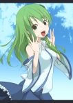  1girl bare_shoulders blue_sky blush_stickers breasts clouds detached_sleeves frog_hair_ornament green_eyes green_hair hair_ornament hair_tubes kochiya_sanae letterboxed long_hair looking_at_viewer open_hands open_mouth raised_hand skirt skirt_set sky snake_hair_ornament touhou yukihiko_(sky_sleep) 