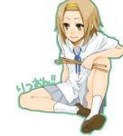  brown_eyes brown_hair drumsticks gime hairband k-on! school_uniform sitting smile tainaka_ritsu 