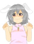  1girl animal_ears arms_up bare_shoulders bust carrot clenched_hands dress grey_hair inaba_tewi kieeyo looking_at_viewer rabbit_ears red_eyes rough short_hair simple_background sleeveless sleeveless_dress smile solo touhou white_background you_gonna_get_raped 