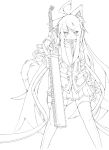  1girl absurdres ahoge animal_ears cat_ears chainsaw coup_(shun_soku) highres lineart long_hair looking_at_viewer monochrome original shun_soku solo thigh-highs very_long_hair 