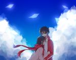  1boy 1girl black_hair blue_sky clouds couple good_end hetero hug kagerou_project kisaragi_shintarou long_hair rengeso scarf short_hair sky smile tateyama_ayano tears 