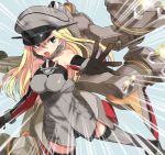  1girl anchor bare_shoulders bismarck_(kantai_collection) blonde_hair blue_eyes cannon grey_legwear hat highres kantai_collection long_hair military military_hat military_uniform open_mouth personification solo thigh-highs turret uniform weapon 