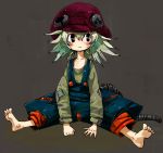  androgynous aqua_hair arm_support barefoot black_eyes child hat original overalls patches raichiyo short_hair sitting solo spiky_hair spread_legs suspenders 