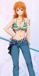  1girl bikini_top breasts character_name cleavage contrapposto fukuro_ooji hand_on_hip highres holster jeans large_breasts midriff nami navel one_piece orange_hair smile solo staff standing tattoo zoom_layer 