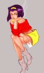  1girl ankle_boots bare_shoulders boots card chin_rest cigarette cowboy_bebop crossed_legs faye_valentine green_eyes hairband high_heel_boots high_heels kelly_kao lips lipstick makeup playing_card purple_hair shorts sitting smoke smoking solo 