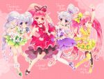  4girls :d aino_megumi alternate_form arm_grab arm_up ballerina blue_eyes blue_hair blue_skirt blush bow cherry_flamenco choker cure_lovely cure_princess dress dual_persona earrings flower frills green_skirt hair_bow hair_bun hair_flower hair_ornament half_updo hands_together happinesscharge_precure! highres holding_hands jewelry lipstick lollipop_hip_hop long_hair macadamia_hula_dance magical_girl makeup mismatched_footwear multiple_girls open_mouth pantyhose pink_background pink_eyes pink_hair polka_dot polka_dot_background ponytail precure red_dress red_rose rose sherbet_ballet shirayuki_hime shoes skirt smile strapless_dress thigh-highs tiara twintails uzuki_aki white_legwear wink wrist_cuffs yellow_skirt 