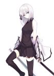  1girl bare_shoulders black_legwear blue_eyes boots clothes_around_waist hair_ribbon halterneck jacket jacket_around_waist jacket_off_shoulders katana kauto looking_at_viewer open_clothes open_jacket original pale_skin ribbon short_hair simple_background skirt smile solo sword thigh-highs unsheathed weapon white_background white_hair zettai_ryouiki zinnia_silane 