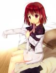  1girl blush cnm commentary dressing horikawa_raiko jacket looking_at_viewer miniskirt morning mouth_hold on_bed open_clothes open_jacket pillow red_eyes redhead ribbon_in_mouth shirt sitting sitting_on_bed skirt solo touhou 