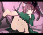  1girl animal_ears ass barefoot bed blush bow braid bwell canopy_bed cat_ears cat_tail dress extra_ears green_dress hair_bow juliet_sleeves kaenbyou_rin leg_up long_sleeves looking_at_viewer multiple_tails on_bed outstretched_leg panties pantyshot pantyshot_(sitting) pillow pointy_ears puffy_sleeves red_eyes redhead sitting sitting_on_bed smile solo tail touhou twin_braids underwear upskirt white_panties 