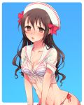  1girl bikini bikini_under_clothes blue_background blush breasts brown_eyes brown_hair cleavage hat highres idolmaster idolmaster_cinderella_girls long_hair looking_at_viewer mironomeo open_mouth sailor_collar sailor_hat see-through shimamura_uzuki side-tie_bikini striped striped_bikini striped_swimsuit swimsuit swimsuit_under_clothes wet 