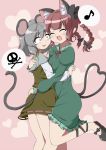  2girls animal_ears bow braid bwell capelet cat_ears cat_tail closed_eyes commentary dress fang green_dress grey_hair hair_bow heart heart_tail hug juliet_sleeves kaenbyou_rin long_sleeves mouse_ears mouse_tail multiple_girls musical_note nazrin open_mouth pink_background puffy_sleeves red_eyes redhead shirt shocked_eyes smile spoken_musical_note spoken_skull sweat tail touhou twin_braids 