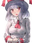  1girl blush breasts bust geppewi hat nagae_iku open_mouth purple_hair red_eyes short_hair solo touhou white_background 