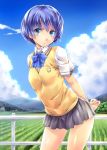  1girl ano_natsu_de_matteru blue_eyes blue_hair blue_sky clouds fence field highres miniskirt nagayori school_uniform skirt sky tagme tanigawa_kanna vest 