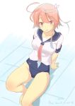  1girl ahoge blush i-58_(kantai_collection) kantai_collection looking_at_viewer open_mouth personification red_eyes school_swimsuit school_uniform serafuku short_hair smile solo swimsuit swimsuit_under_clothes wa_(genryusui) 