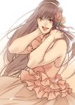  1girl :d brown brown_hair dress earrings floating_hair flower hair_flower hair_ornament hairband hakari1909 hands_on_neck jewelry long_hair looking_at_viewer open_mouth original pink_dress red_eyes sleeveless smile solo very_long_hair 