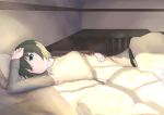  1girl bed blanket chair desk green_eyes grey_hair kino kino_no_tabi lying owerk shadow short_hair solo wink 