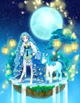  1girl barefoot blue_hair butterfly dress floating_island lamp long_hair maha_(hyukyu6) moon night original solo tree unicorn very_long_hair violet_eyes water wavy_hair 
