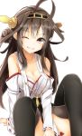  1girl ahoge bare_shoulders black_legwear breasts brown_eyes brown_hair cleavage collarbone grin hairband highres kantai_collection kongou_(kantai_collection) long_hair mizushina_minato nontraditional_miko personification smile solo thigh-highs wide_sleeves wink 