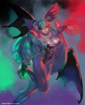  1girl aqua_hair arm_up boots breasts cleavage demon_girl demon_wings glowing head_wings long_hair morrigan_aensland outstretched_hand pantyhose solo succubus tetz-co vampire_(game) watermark web_address wings 
