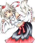  1girl absurdres animal_ears bare_shoulders blush breasts detached_sleeves fang happy hat highres inte_(whitewolftail) inubashiri_momiji looking_at_viewer midriff navel open_mouth red_eyes sarashi short_hair silver_hair simple_background skirt solo tail tokin_hat touhou white_background wolf_ears wolf_tail 