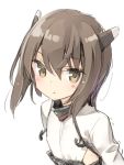  1girl blush brown_eyes brown_hair headband kantai_collection looking_at_viewer peko personification short_hair simple_background solo taihou_(kantai_collection) white_background 