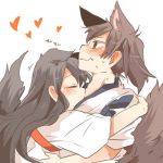  2girls akagi_(kantai_collection) animal_ears black_eyes blush brown_hair closed_eyes dog_ears dog_tail fang heart hug kaga_(kantai_collection) kantai_collection kiss long_hair lowres multiple_girls rebecca_(keinelove) short_hair side_ponytail sweat tail 