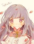  1girl :3 blush bust character_name english flower heart holding long_hair looking_at_viewer natsume_mashi petals purple_hair rough solo sophie_(tales) spoilers tales_of_(series) tales_of_graces violet_eyes 
